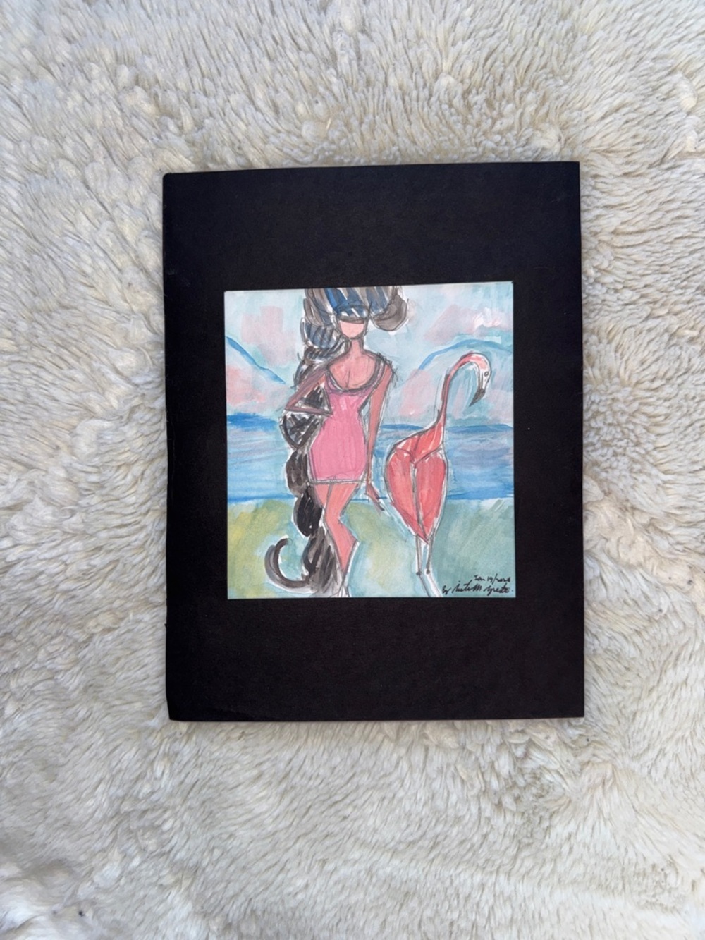 Handmade Hand-Painted Pink Flamingo & Figure Art on Black Mat
